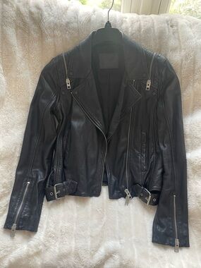 AllSaints Black Leather Biker Jacket with Silver Hardware